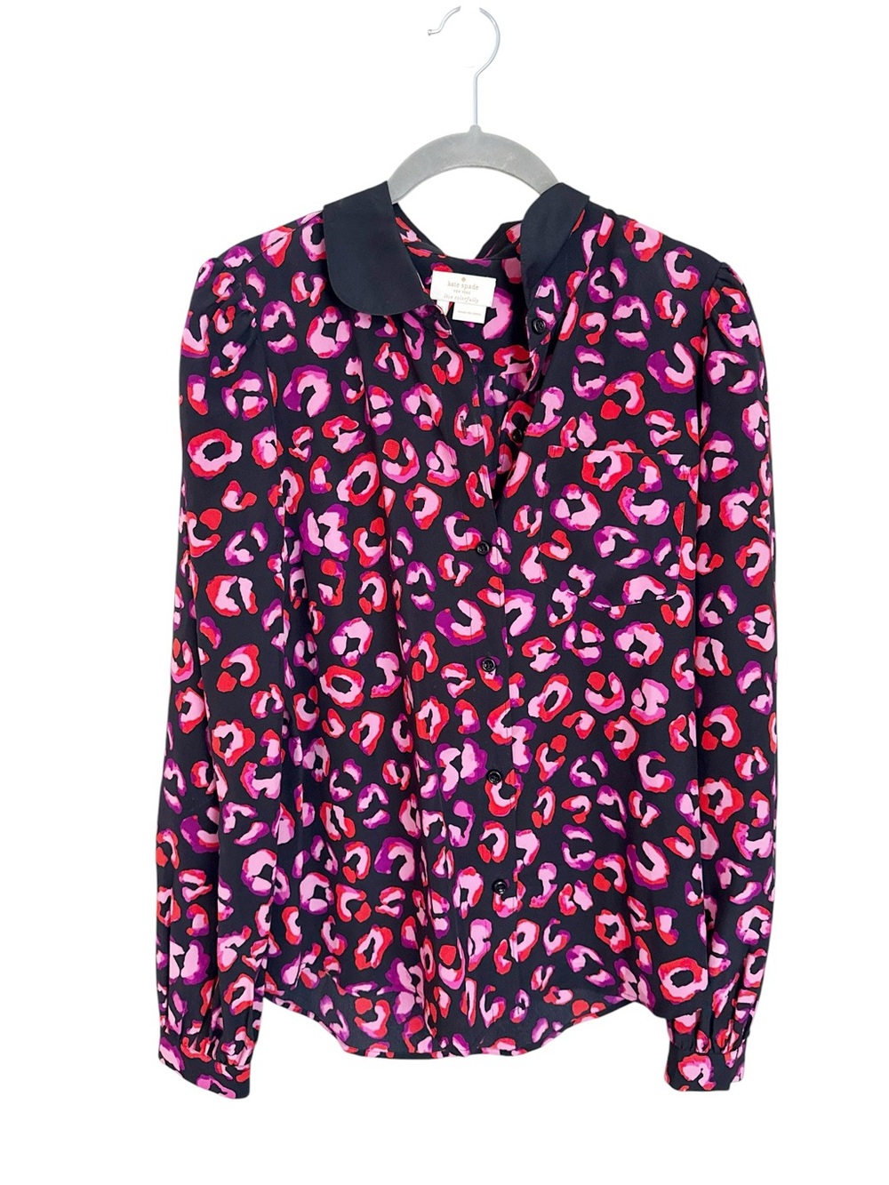 kate spade Black Pink Red Leopard Print Silk Blouse Sz 6